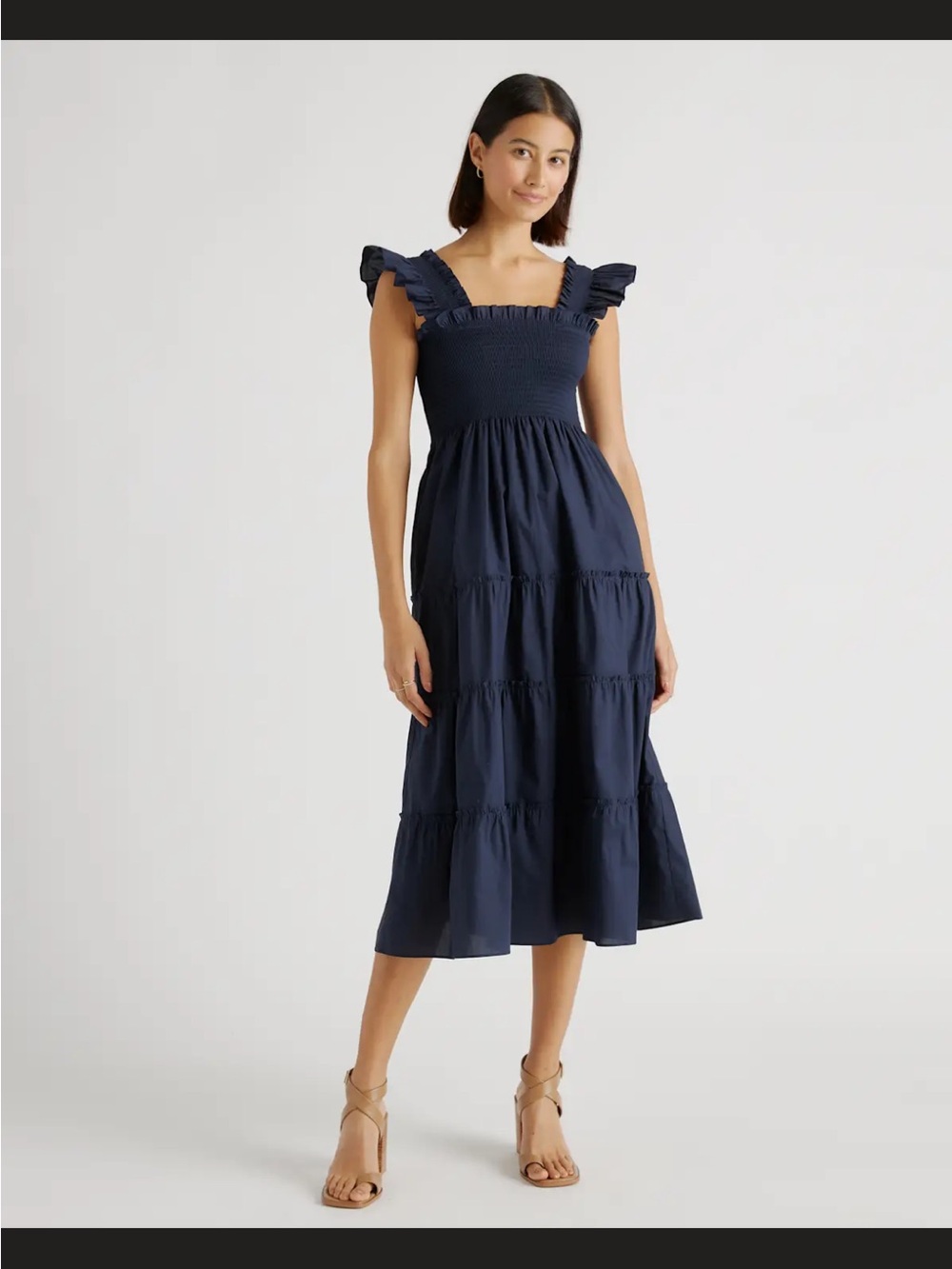Quince Navy Smocked Tiered Midi Dress